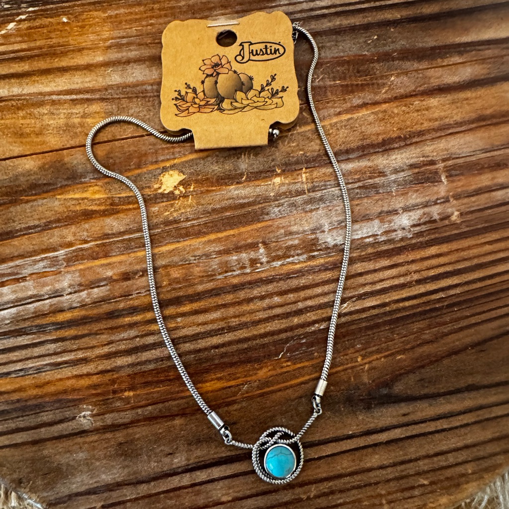 Justin Boots Elegant Western Silvertone And Faux Turquoise Lasso Necklace New 15$